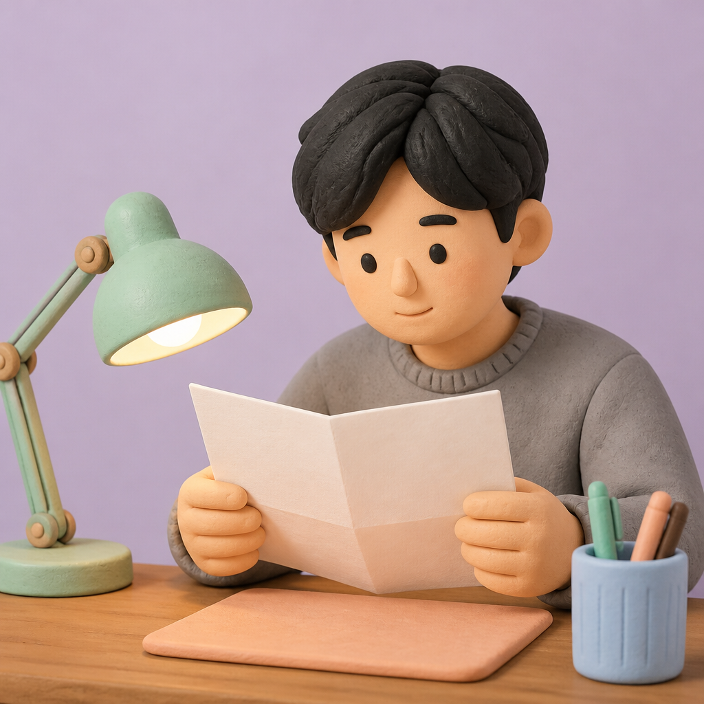 서재 책상에서 건강보험료 고지서를 펼쳐 보는 청년