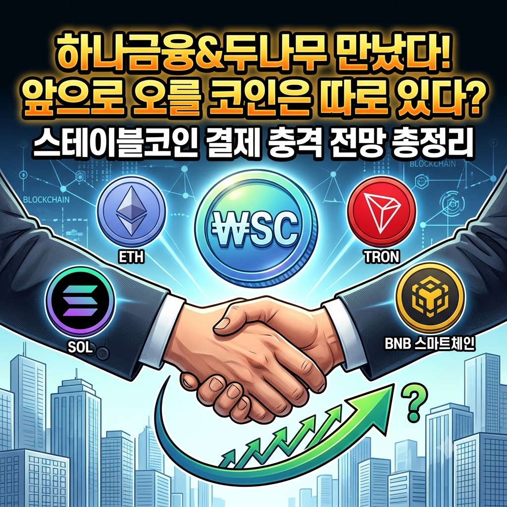 하나금융과 두나무의 스테이블코인 결제 추진 및 블록체인 전망을 다룬 블로그 글의 정사각형 썸네일 이미지입니다.
이미지 상단에는 눈에 띄는 노란색과 흰색 글씨로 "하나금융&두나무 만났다! 앞으로 오를 코인은 따로 있다? 스테이블코인 결제 충격 전망 총정리"라는 타이틀 문구가 적혀 있습니다.
이미지 중앙에는 현대적인 빌딩 숲 배경 위로 두 사람의 손이 굳게 악수를 하고 있으며, 그 위로 광채가 나는 원화 스테이블코인(WSC) 마크와 주요 블록체인 코인 로고(ETH, SOL, TRON, BNB) 아이콘이 배치되어 있습니다.
하단에는 오른쪽 위를 향해 급상승하는 초록색 화살표와 물음표(?) 기호가 위치해, 스테이블코인 결제 생태계 확장이 관련 코인 상승으로 이어질지에 대한 투자자들의 호기심을 유발하는 구조입니다.