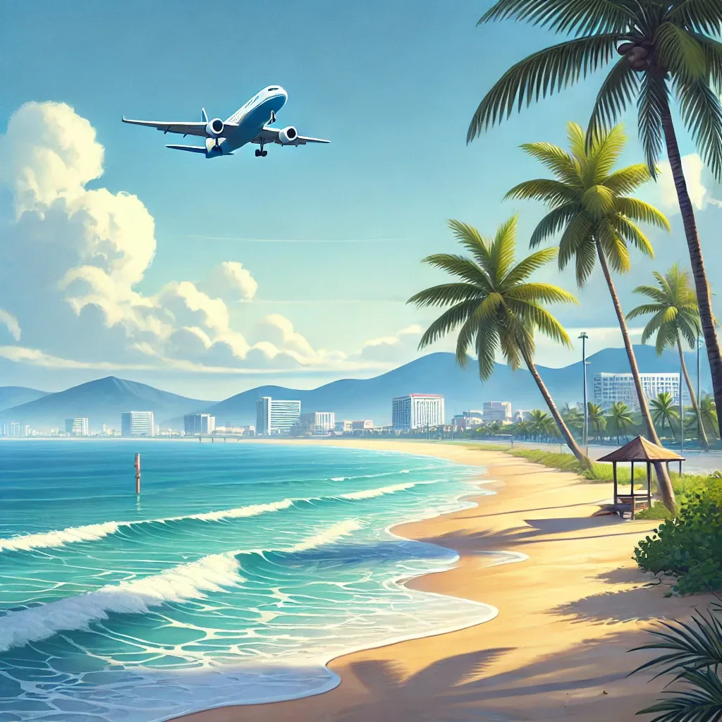 비행기가 나트랑에 도착하는 모습을 보여주는 평온한 해변 풍경.