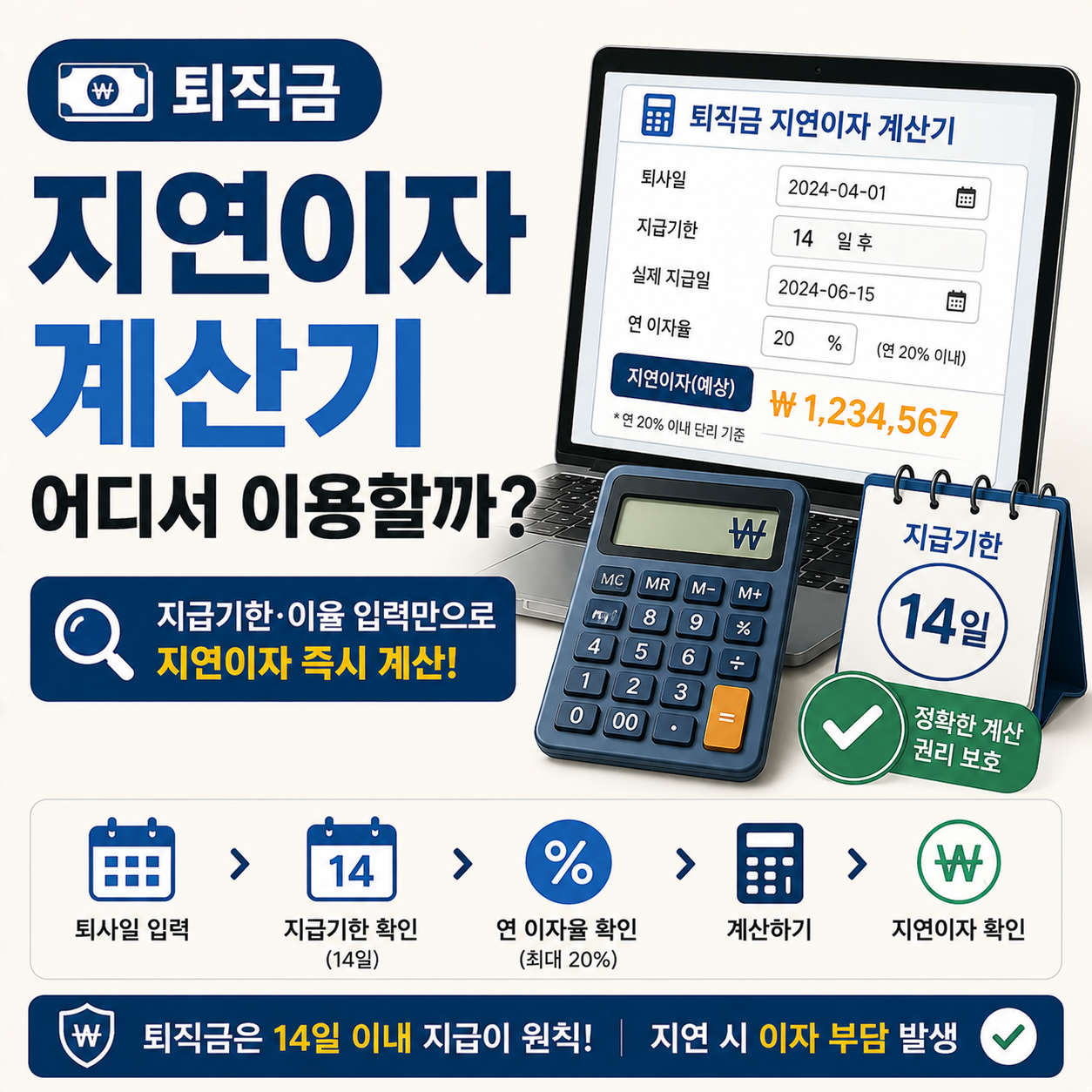 퇴직금 지연이자 계산기 화면을 확인하는 모습