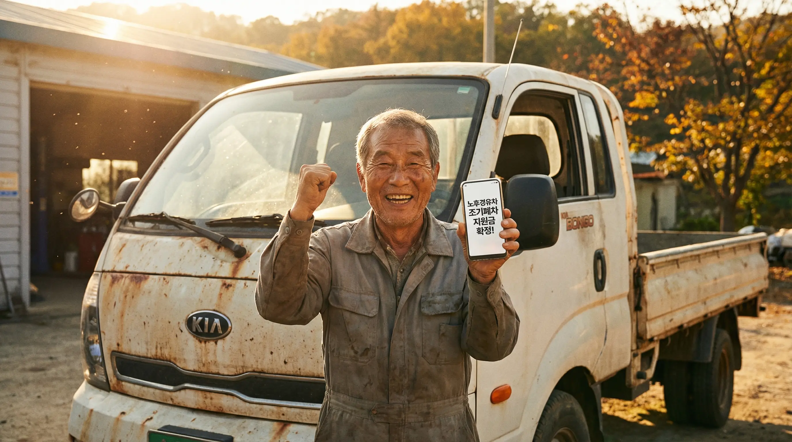 오래된 경유차 앞에서 스마트폰으로 지원금 소식을 확인하고 기뻐하는 차주의 모습, 따뜻한 햇살 배경