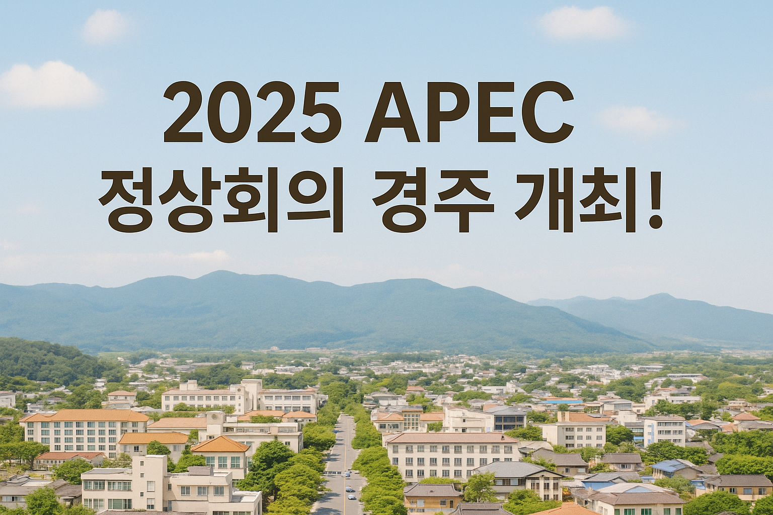 2025 APEC 정상회의 경주 개최 소식을 알리는 썸네일 이미지 — 경주의 전경 위로 ‘2025 APEC 정상회의 경주 개최!’ 문구가 중앙에 배치된 밝은 실사형 사진