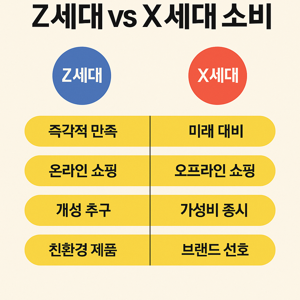 Z세대 vs X세대 소비, 세대 비교, 소비성향 도표
Z세대와 X세대 소비 유형 차이 비교 인포그래픽