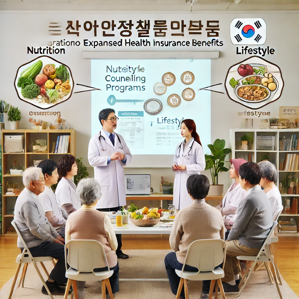 워크숍에서 영양 및 생활습관 상담 세션에 참여하는 고령 환자들&amp;#44; 건강보험 혜택 확대에 상담 프로그램 통합을 설명하는 프레젠테이션 포함