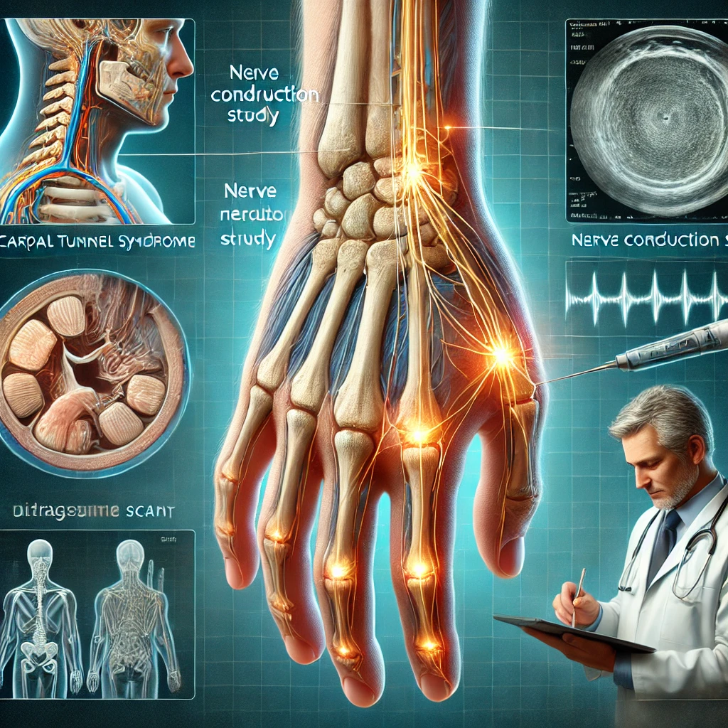 손목터널증후군의 대표적인 증상 부위를 강조한 손목과 손가락의 의료 일러스트, 신경 압박을 보여주는 투명 오버레이, 신경전도 검사 및 초음파 검사 장면이 포함된 정보 그래픽