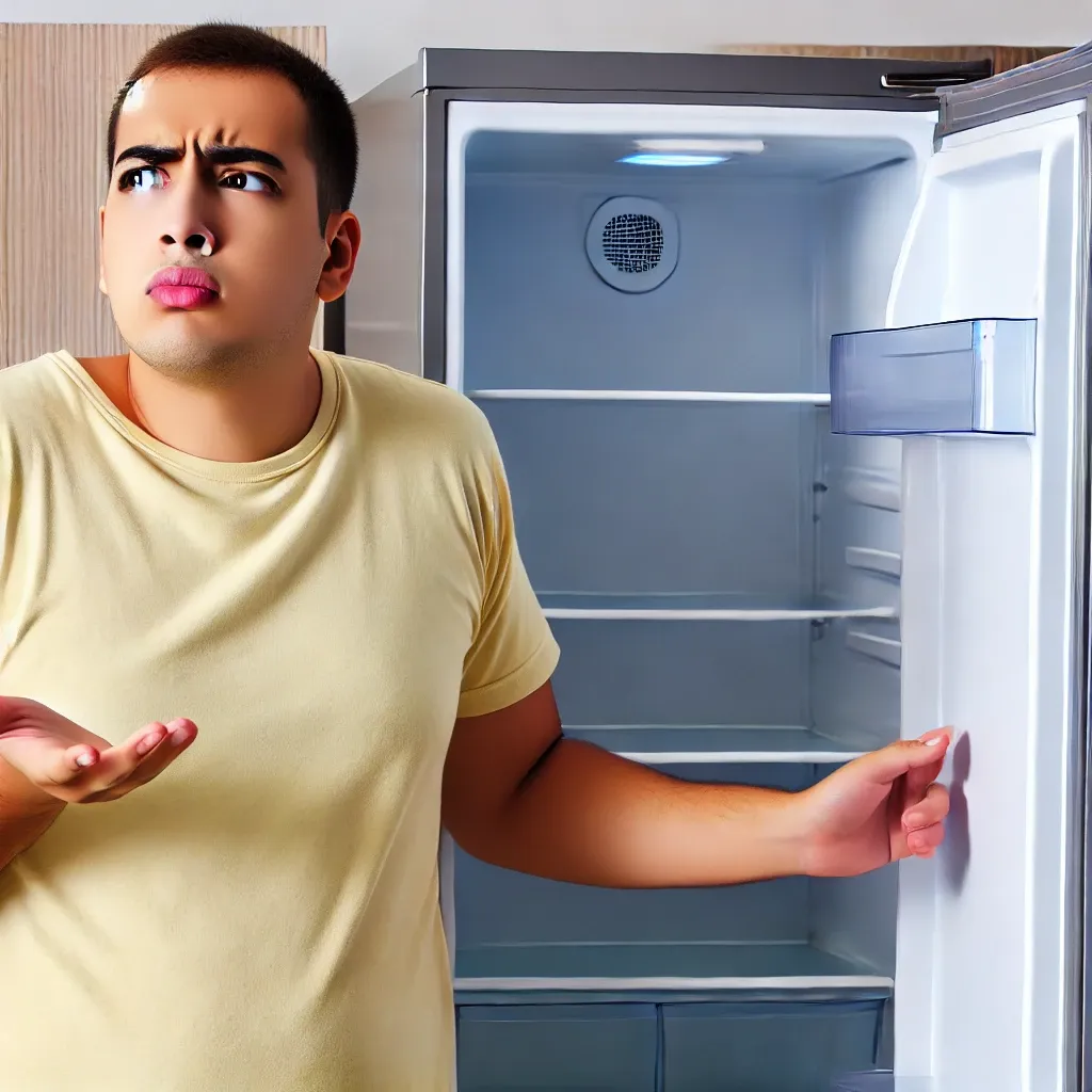 냉장고 앞에서 서성이는 사람. 냉장고를 열어 놓고 왜 열었는지 기억하지 못해 당황한 표정을 짓고 있는 모습&amp;#44; 단기 기억 상실을 반영함