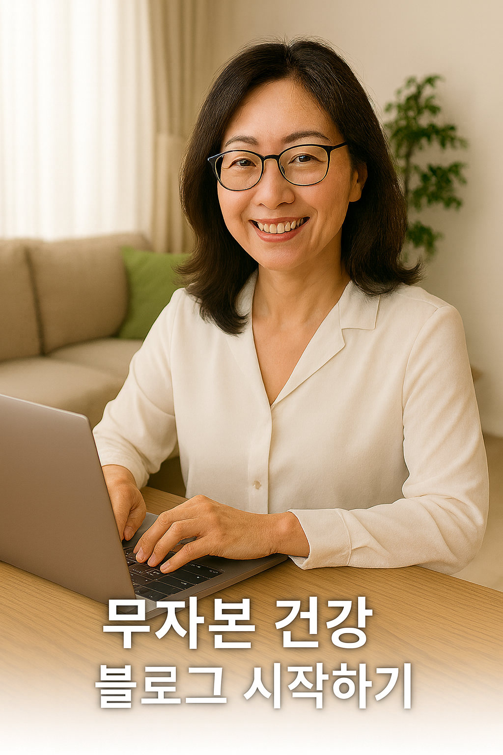 무자본 건강 블로그 시작하기, 웃는 중년 여성, 노트북 작업, 홈 오피스, 블로그 초보자 가이드