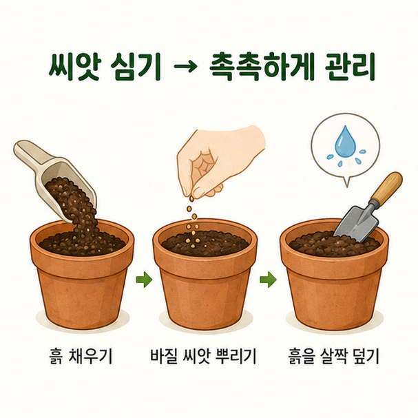 화분에 흙을 담고 바질 씨앗을 심은 뒤 촉촉하게 관리하는 방법