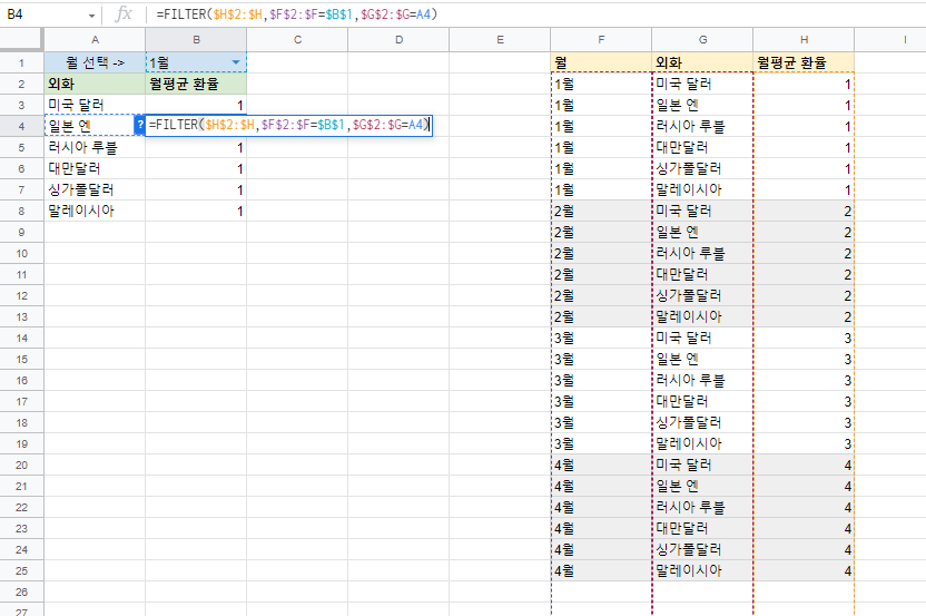 구글 스프레드시트 Filter 함수로 조건 걸어 출력