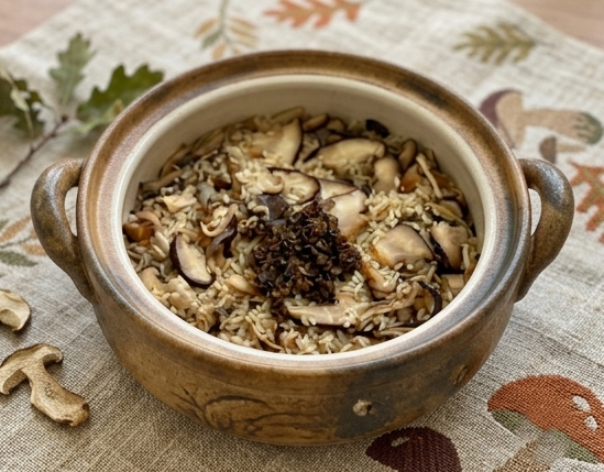 솥에 담긴 트러플 버섯 솥밥 플레이팅, 표고버섯과 만가닥버섯이 듬뿍 올라간 건강식 솥밥 레시피 완성 사진