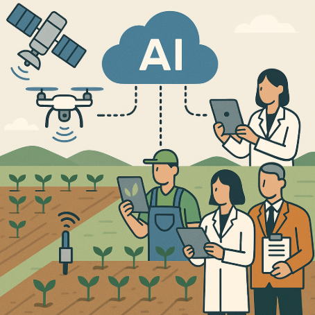 농업 정보 자동 공유를 표현한 인포그래픽. 드론과 센서가 데이터를 수집하고, 클라우드 AI가 분석한 뒤 농민과 연구자, 정책 담당자에게 자동으로 정보가 전달되는 과정을 시각화한 이미지.