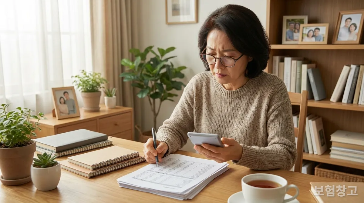 피부양자 자격 유지를 위해 소득 내역을 꼼꼼히 계산하는 한국인 여성