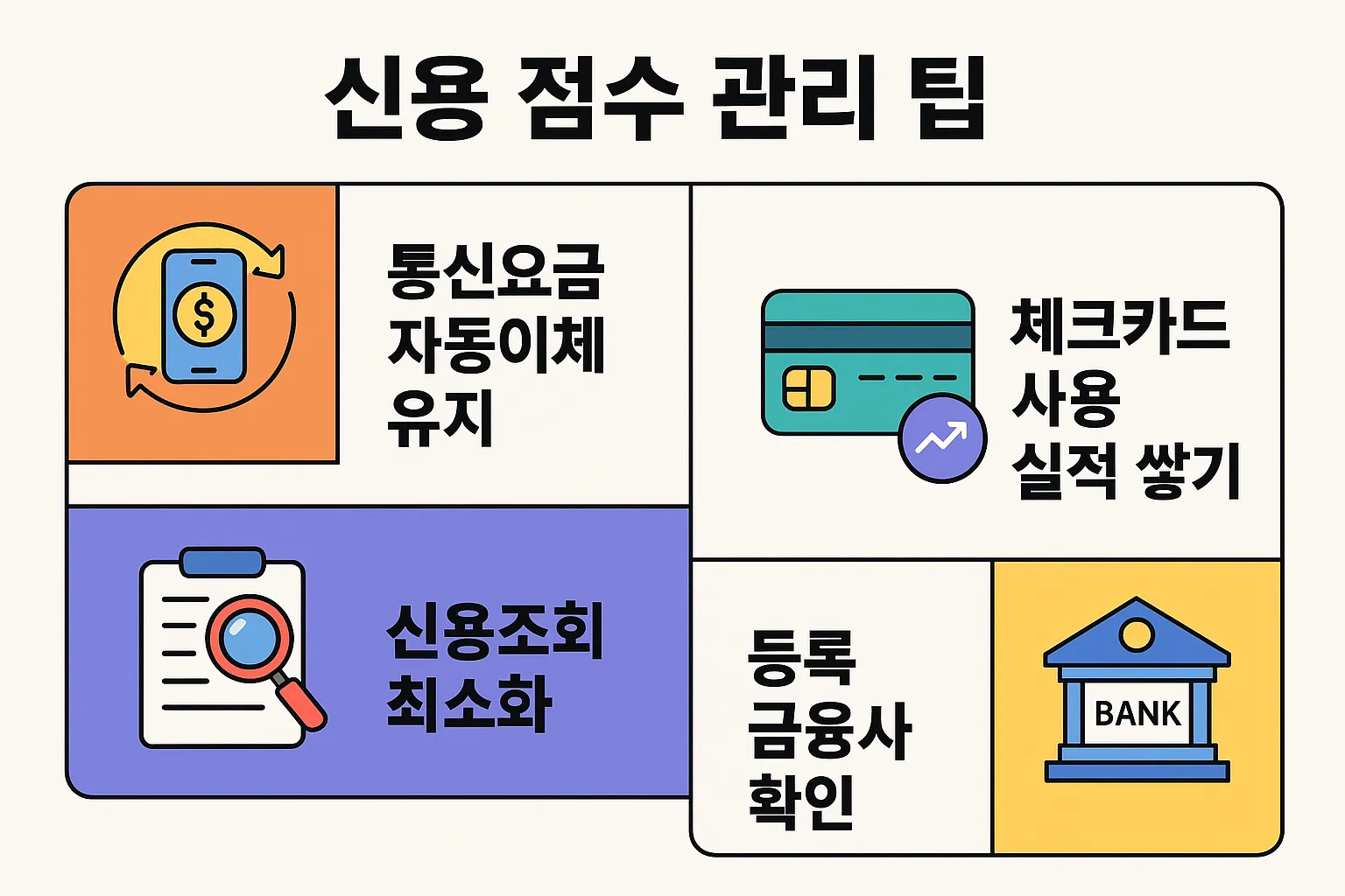 통신요금 자동이체 유지, 체크카드 실적 쌓기, 신용조회 최소화 등 대출 승인 확률을 높이는 실전 신용관리 전략을 정리한 인포그래픽입니다.