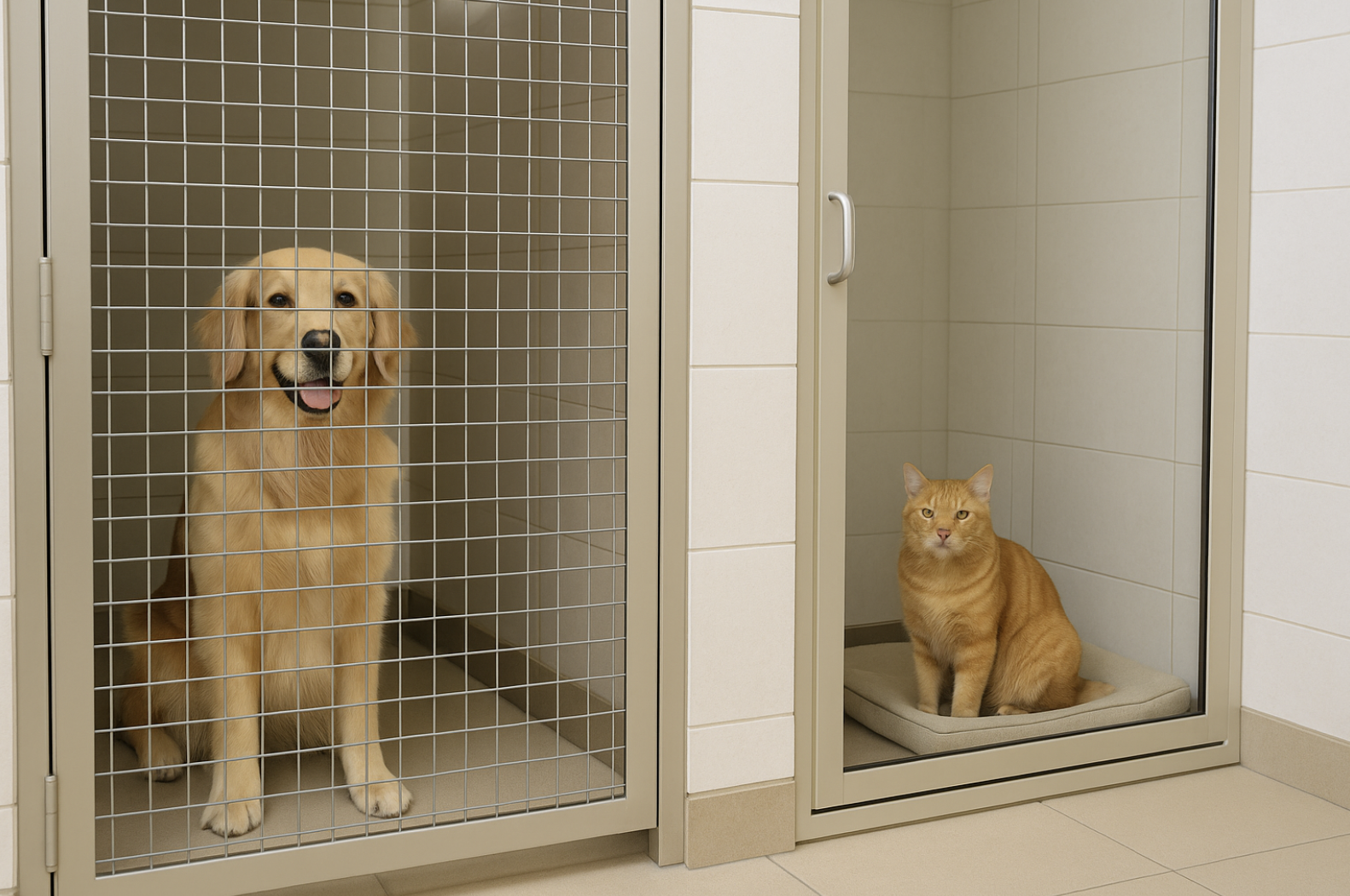 깔끔한 실내 반려동물 호텔에서 강아지와 고양이가 각각 분리된 공간에 편안히 머물고 있는 모습.