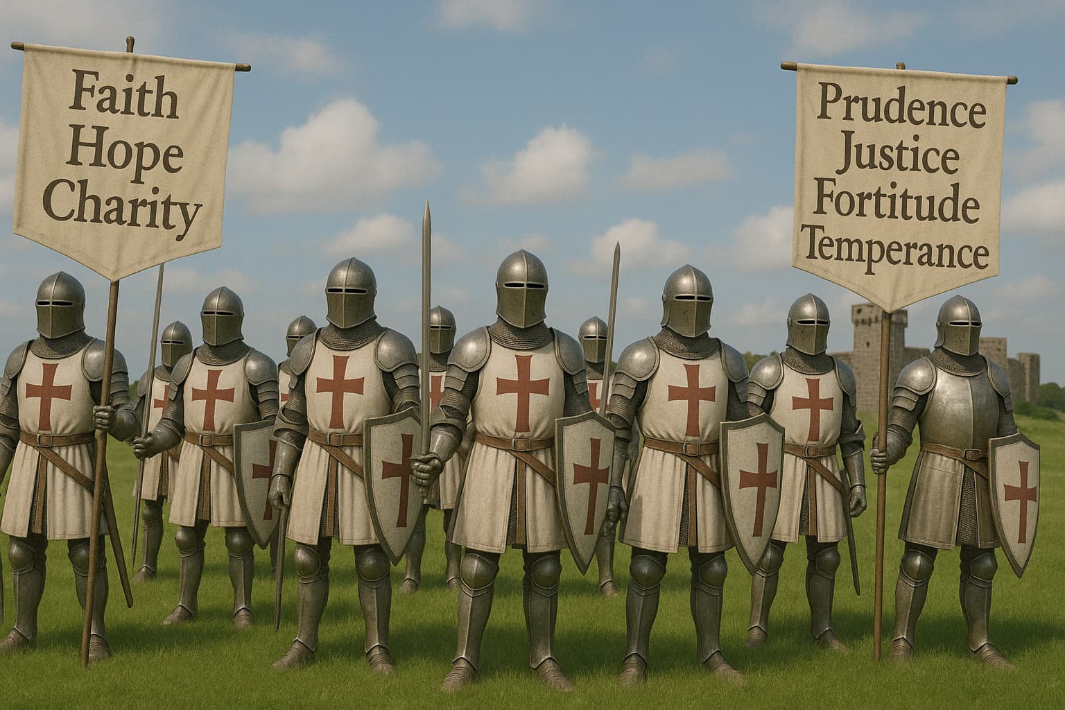 기사도 정신의 7대 미덕을 들고 들판에 정렬해있는 중세유럽 기사들 모습