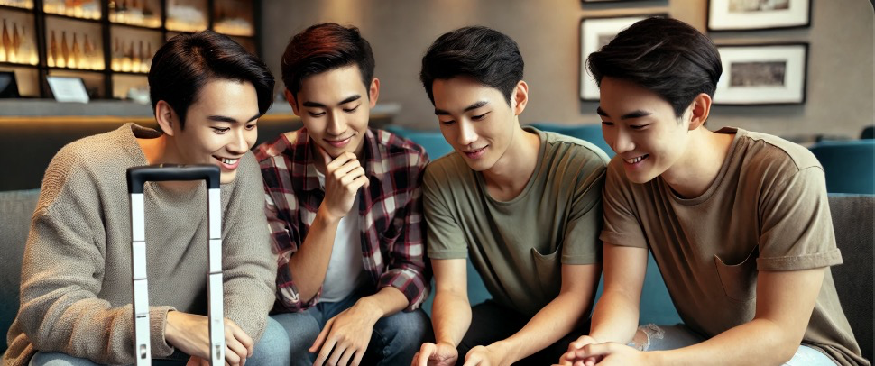 네 명의 친구가 정산 앱을 함께 보는 모습