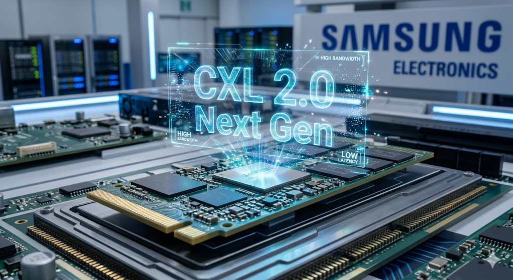 삼성전자 반도체 모듈 위에 'CXL 2.0 Next Gen'이라는 문구가 홀로그램처럼 떠 있는 이미지