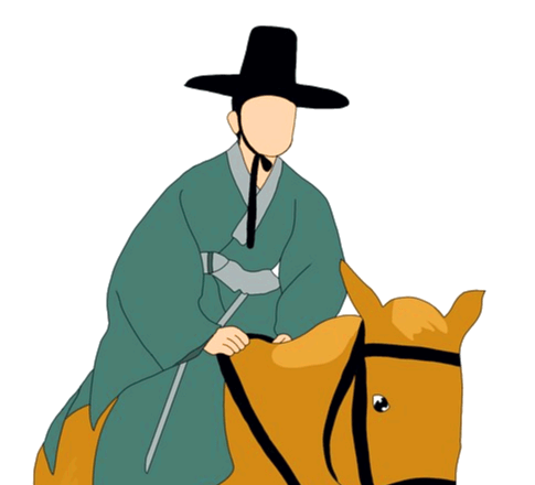 갈색 말을 타고 가는 양반을 그린 그림이다. 검정 갓을 쓰고 청록색 양복을 입었다.