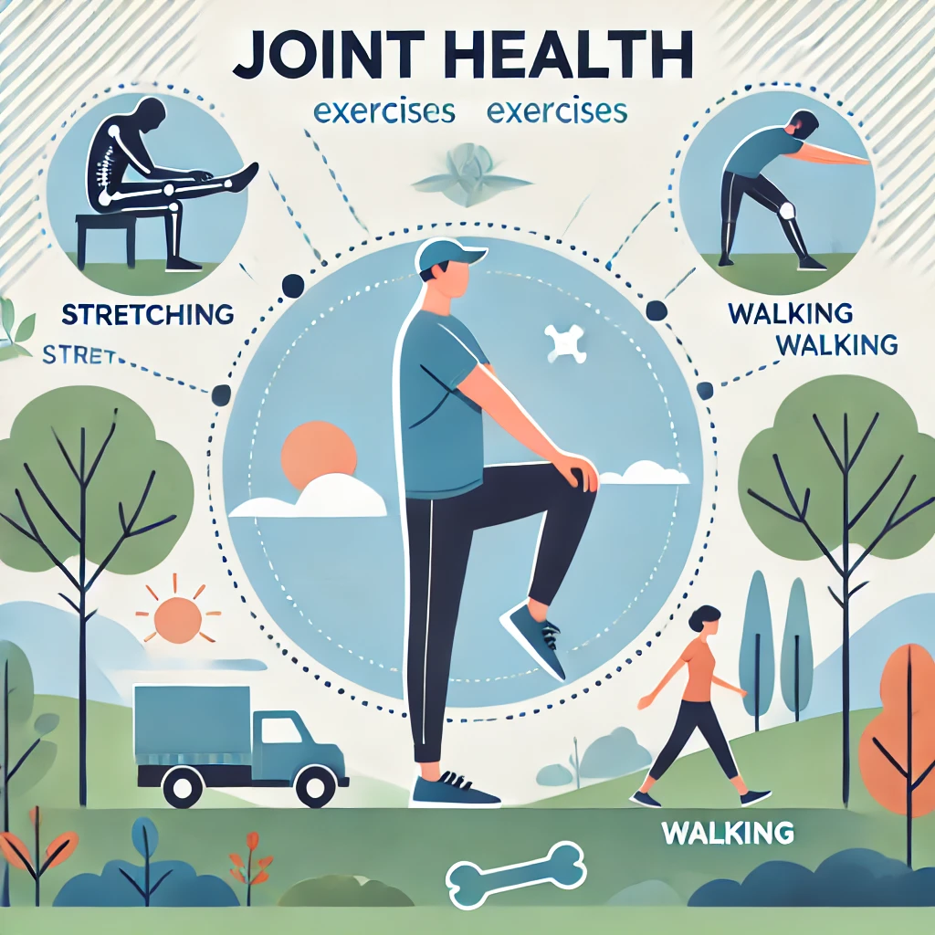 관절 건강을 위한 스트레칭과 걷기 운동을 설명하는 다이어그램