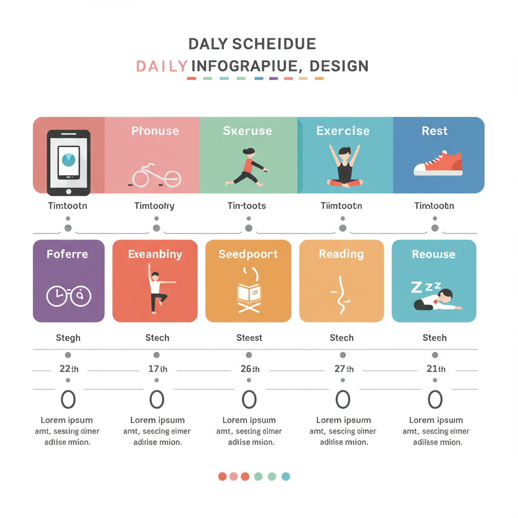 운동, 독서, 휴식, 스마트폰 사용이 시간대별로 나뉜 루틴 인포그래픽