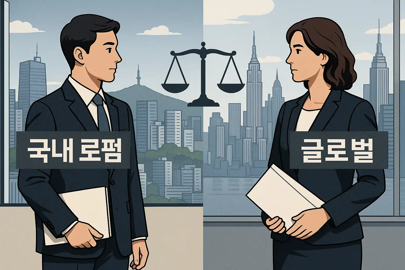 국내 로펌과 글로벌 로펌을 상징하는 두 인물이 저울을 중심으로 마주보고 있는 일러스트. 서울과 뉴욕 배경으로 비교를 시각화한 구성