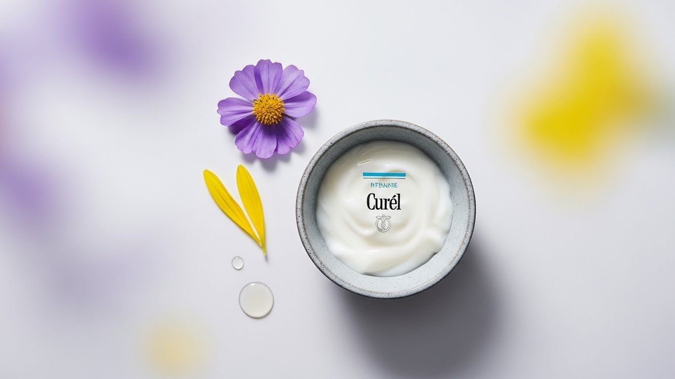 크리미한 흰색 물질이 함유된 작은 세라믹 그릇을 미니멀하고 예술적으로 평평하게 깔아 큐렐 인텐시브 크림을 대표합니다.