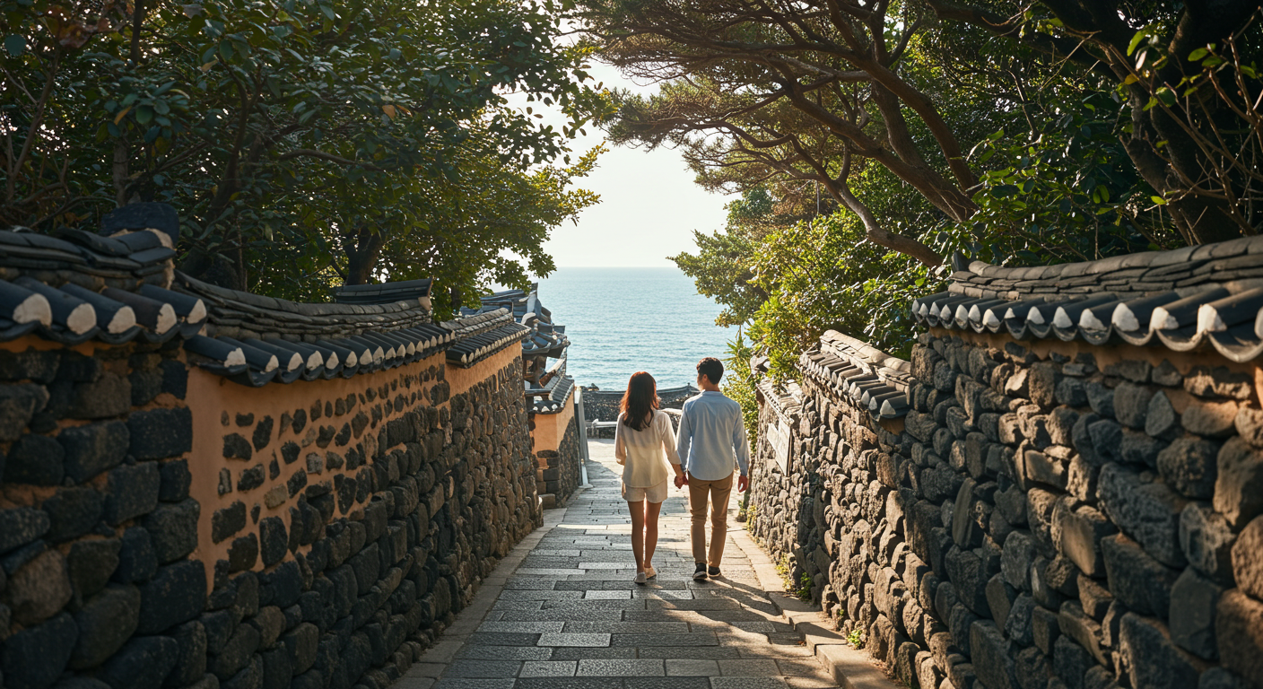제주 올레길에서 바다와 마을 풍경을 동시에 즐기며 걷는 한국인 커플