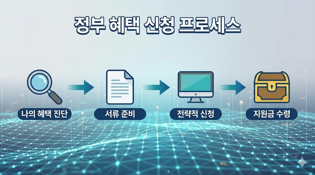 진단부터 수령까지, 정부 혜택 신청 4단계 프로세스 도표 (28자)