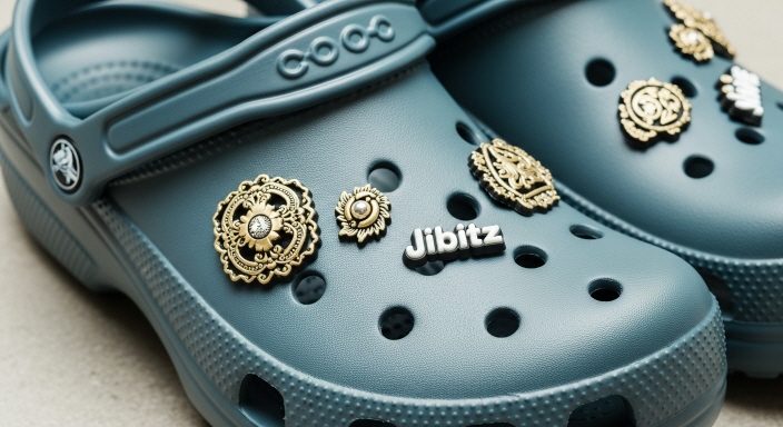 지비츠 참이 화려하게 장식된 크록스 샌들 클로즈업