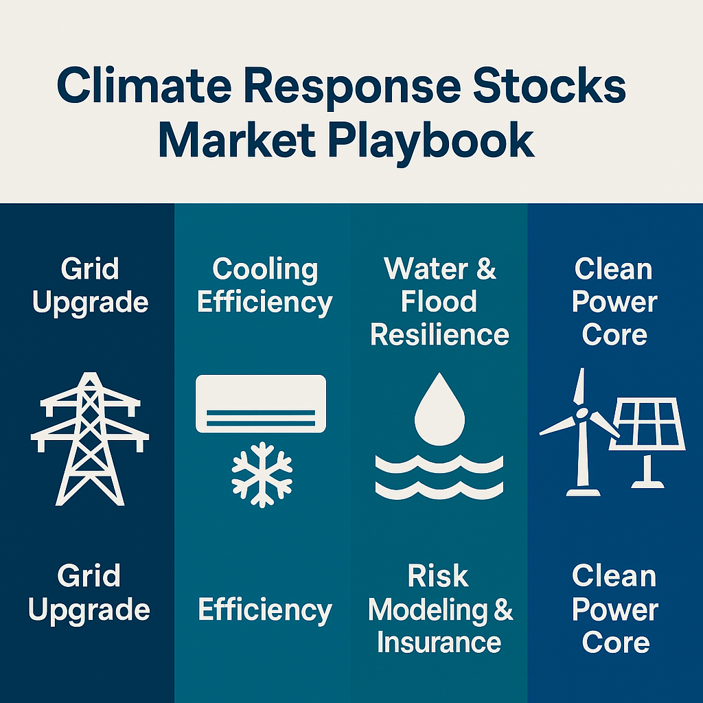 Infographic summarizing grid efficiency water resilience insurance and clean power strategies