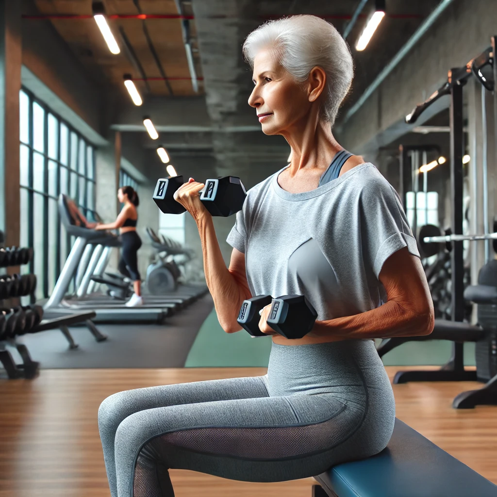 노인이 실내에서 덤벨을 들고 운동하고 있는이미지