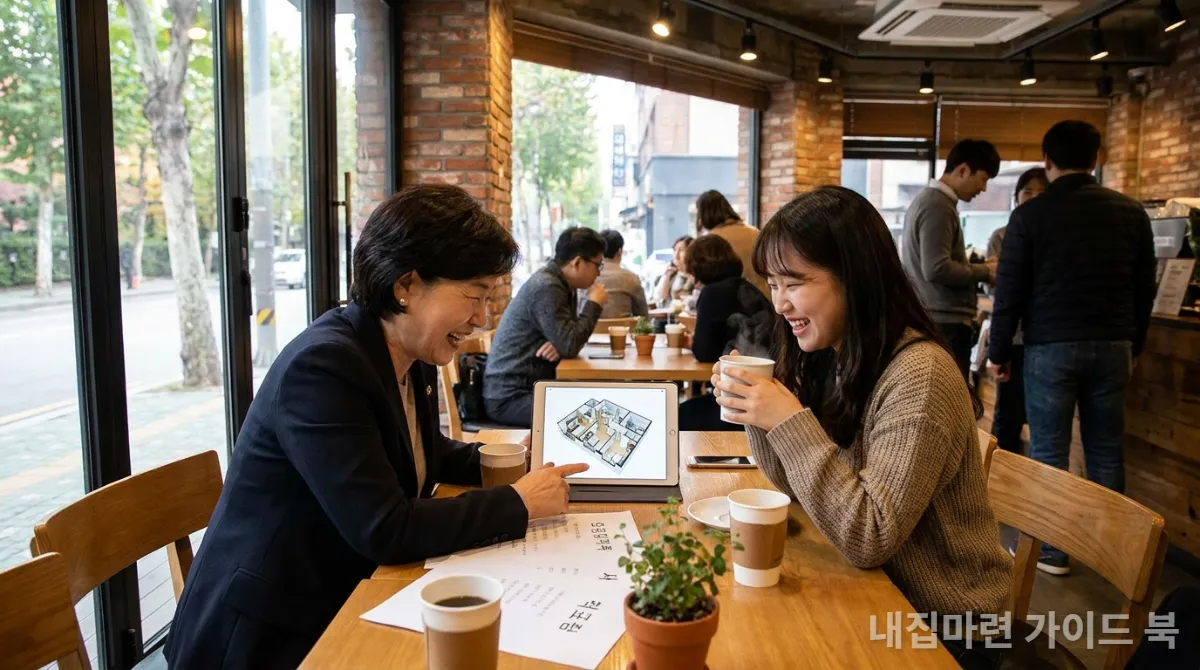 AI 가상 투어를 통해 부동산 매물을 확인하는 한국인 고객과 부동산 에이전트