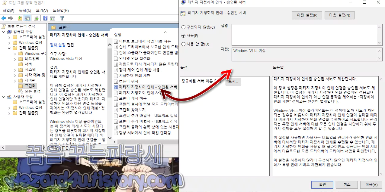 패키지 지정하여 인쇄 승인된 서버