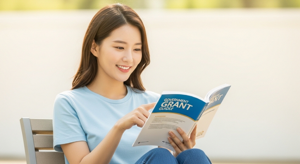 정부 지원금 이용 안내서 들고 손가락으로 강조하는 여성