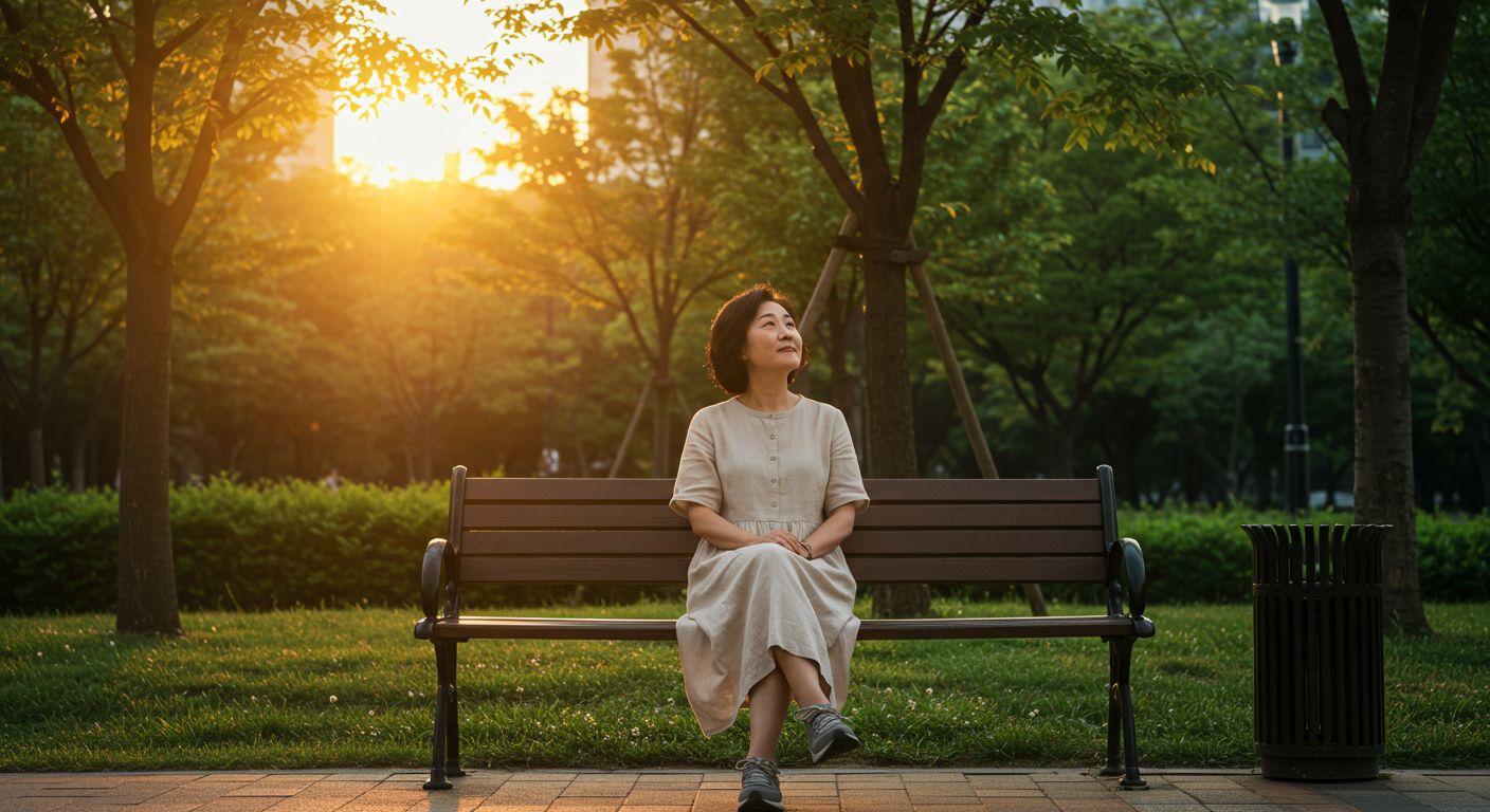 벤치에 앉아 노을을 바라보는 여성