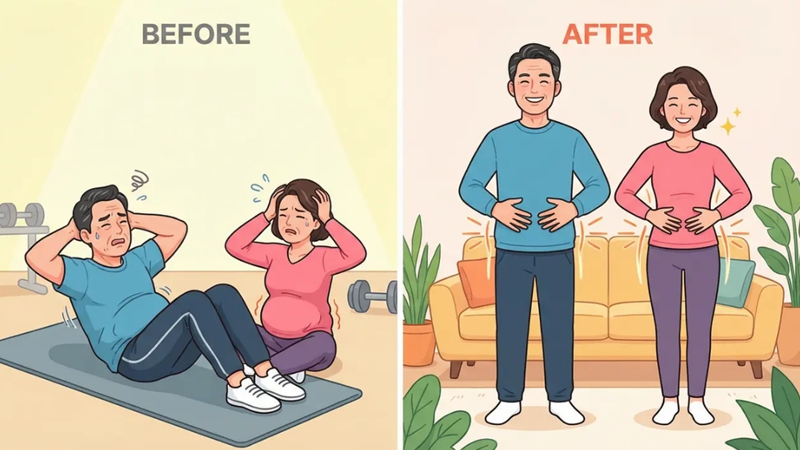 운동해도 빠지지 않던 뱃살을 깊은 호흡 운동으로 줄인 50대 남녀의 모습. 뱃살 빼는 호흡 운동 효과.