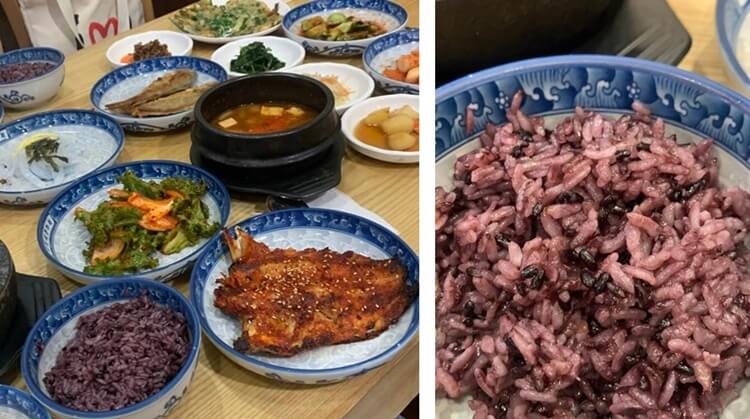 흑미밥과 각종 반찬들