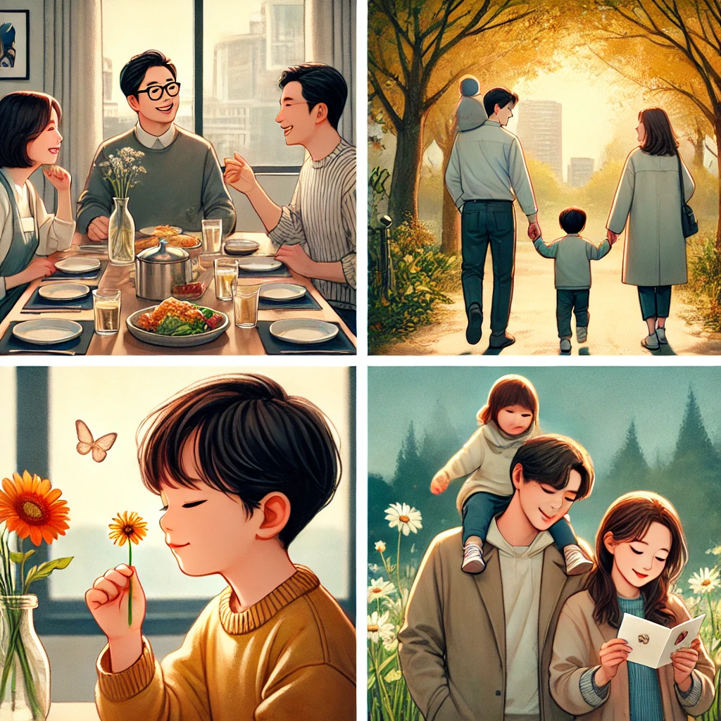 가족이 식탁에 앉아 아이가 집에서 준비된 음식에 감사의 말을 전하는 모습. 부모는 따뜻한 미소로 아이를 바라보며 격려함.