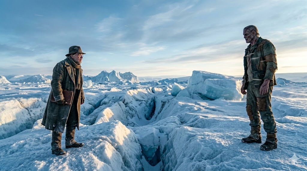 넷플릭스 영화 프랑켄슈타인 후반부 북극의 거대한 빙하 위에서 빅터 프랑켄슈타인과 그의 피조물이 서로를 멍하니 마주 보며 서 있는 마지막 대치 장면