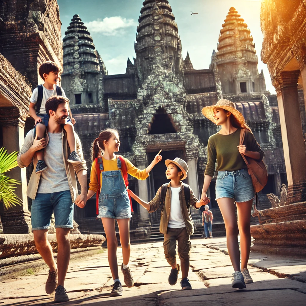 유적지를 여행하는 가족