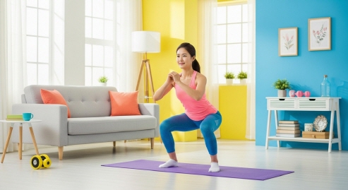 한국 여성의 스쿼트 자세 (거실&amp;#44; 요가매트 위)