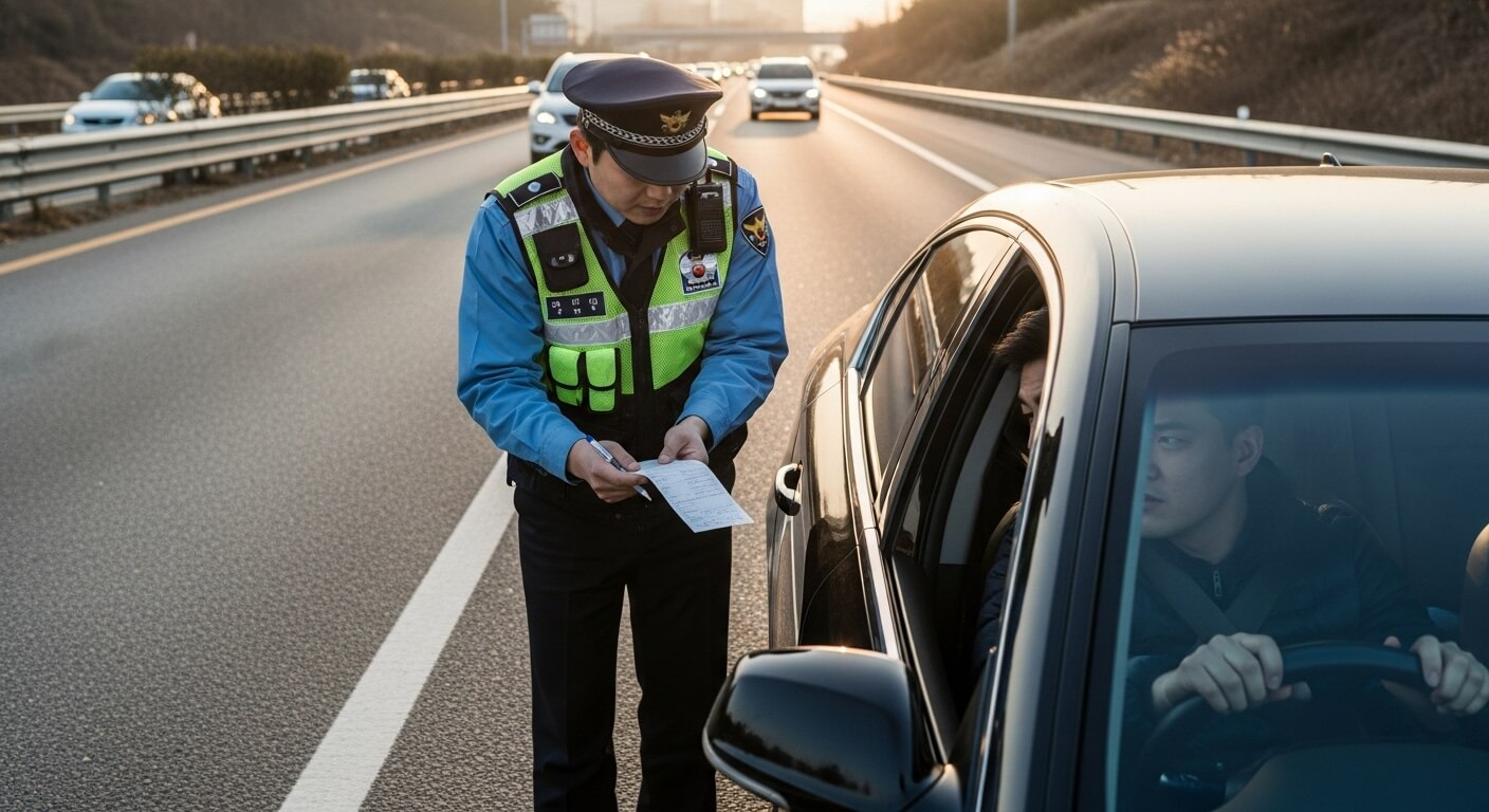 단속 중인 경찰이 벌점 고지 문서를 작성하며 운전자에게 전달하는 장면