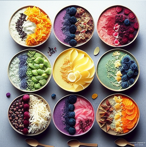 여러 과일이 사용된 스무디볼이 그릇에 담겨있다.