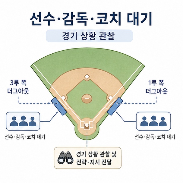 야구장 1루 또는 3루 쪽에서 선수와 코칭스태프가 경기 중 대기하는 더그아웃 위치를 설명한 이미지