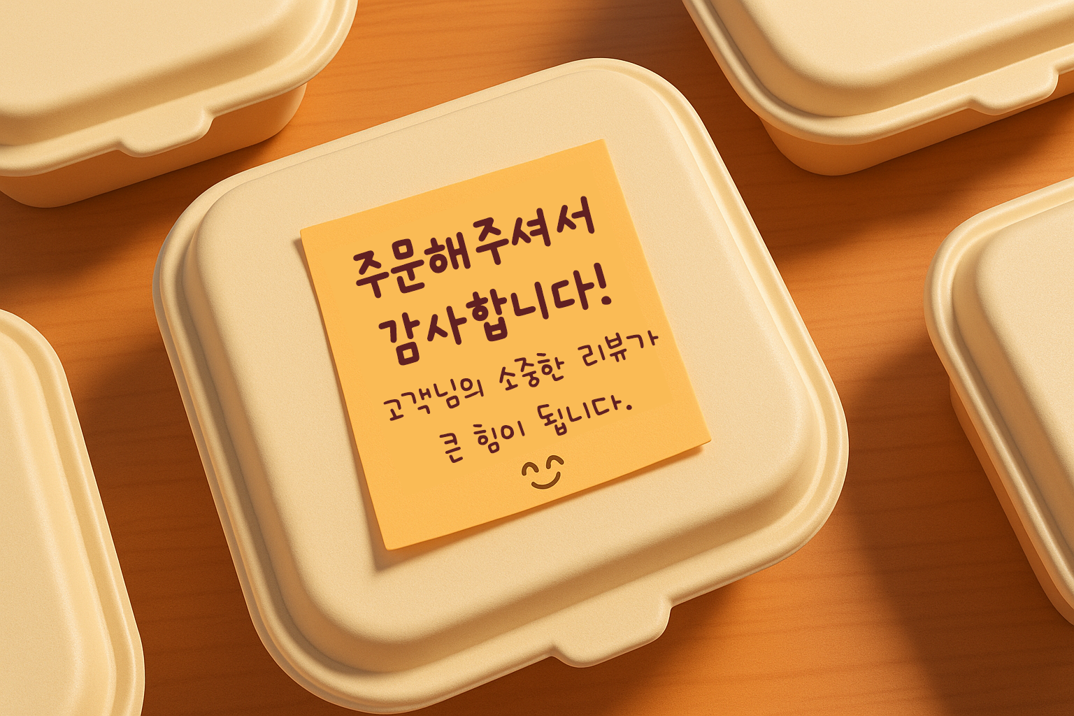 따뜻한 느낌의 배달음식 포장 위에 정성스럽게 쓴 손편지 포스트잇이 붙어있는 모습