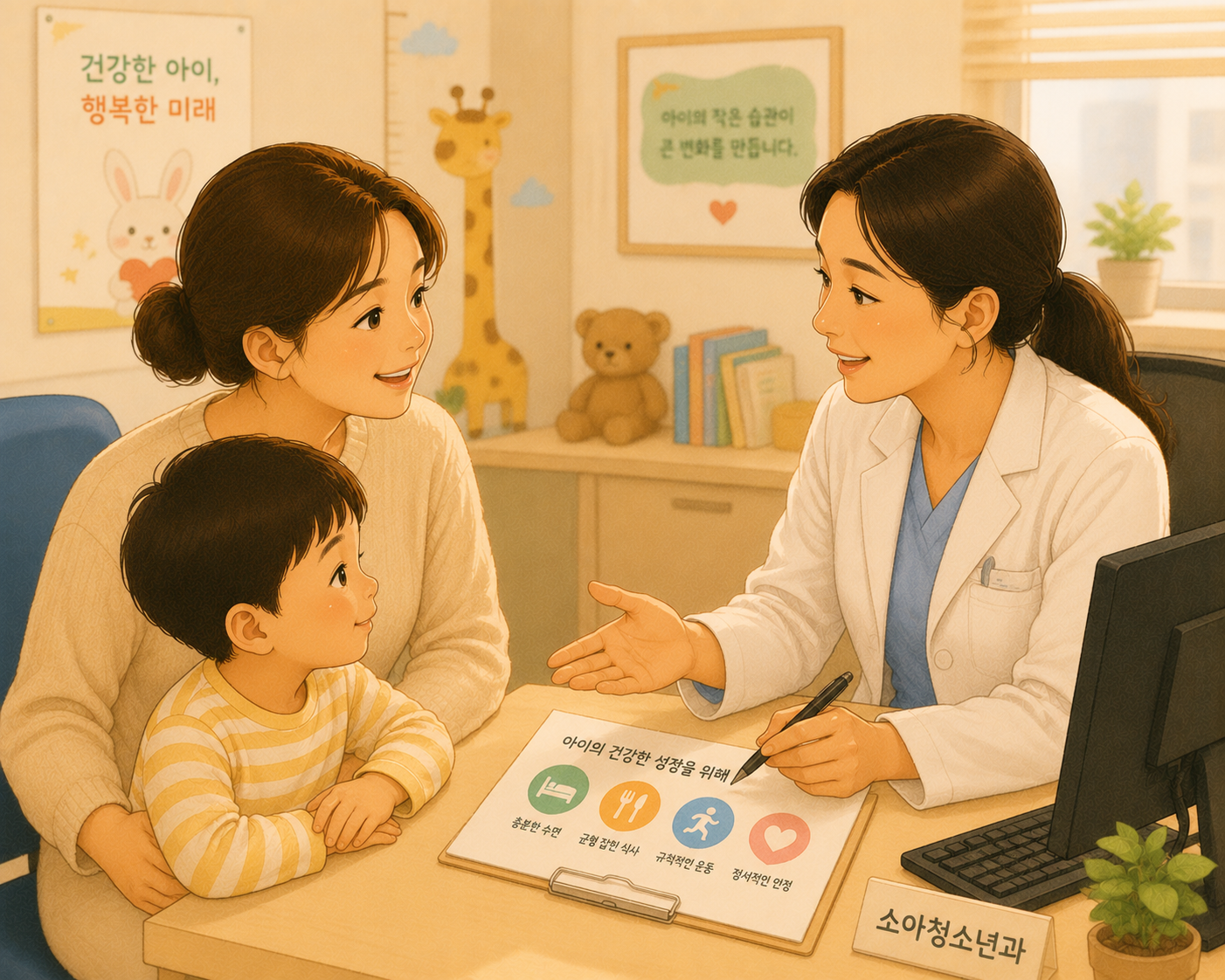 소아청소년과에서 부모와 의사가 아이의 생활 습관에 대해 상담하는 모습