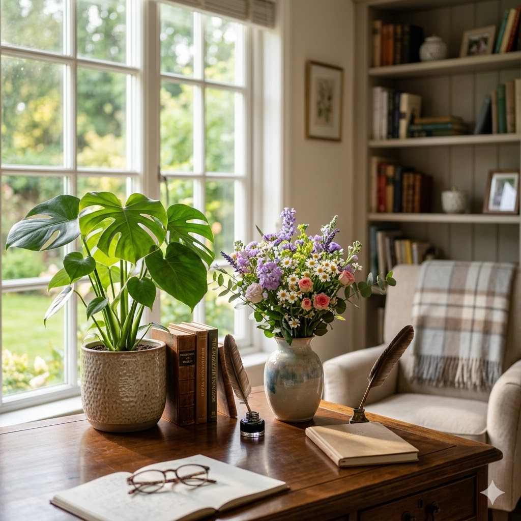 Cozy study with potted plant and flowers for emotional stabilization