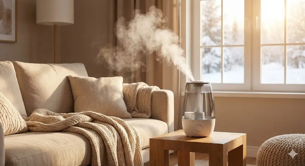 난방 효율을 높이기 위해 가습기를 틀어놓은 따뜻하고 아늑한 거실 인테리어