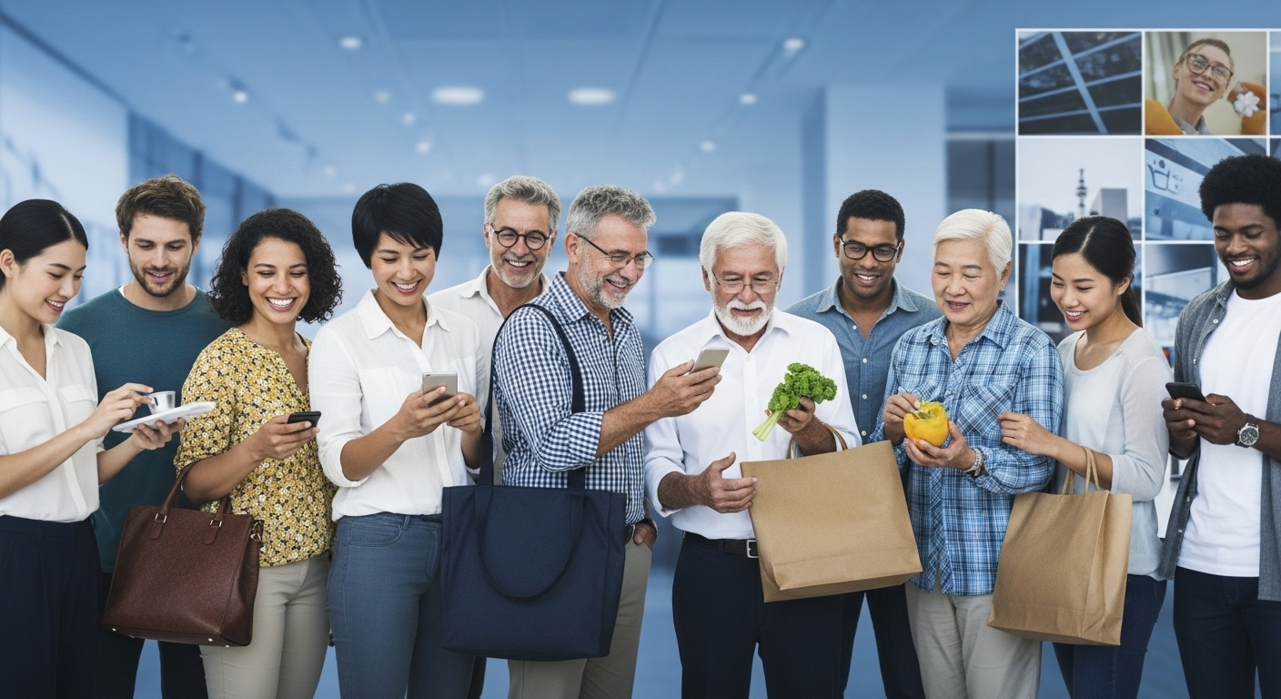 나이와 성별을 초월한 다양한 사람들이 스마트폰, 패션 아이템, 건강식품 등 여러 상품을 함께 탐색하며 즐거워하는 모습. 옴니보어 소비자의 포용적이고 호기심 넘치는 특성을 나타냅니다.