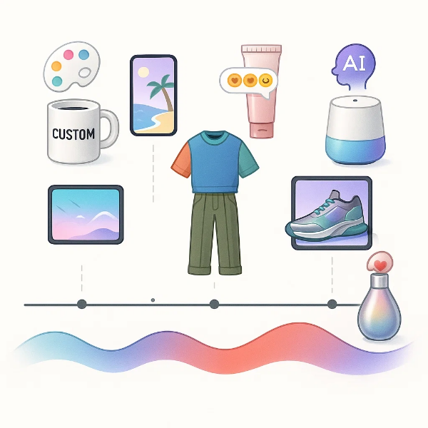 개인화된 AI 라이프스타일을 구성하는 맞춤형 의류, 신발, 전자기기, 뷰티 제품, 감성 기술, 여행 콘텐츠 등이 일러스트로 배열된 감각적인 인포그래픽 이미지